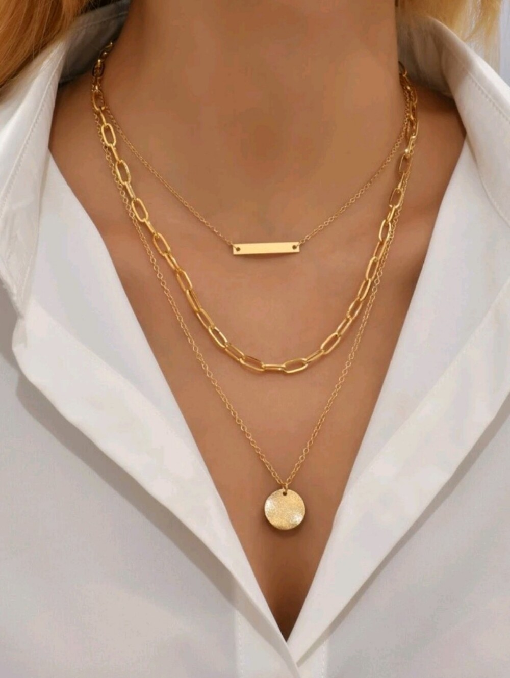 Anthropologie Aria Layered Hammered Charm, Bar & Paperclip Gold Necklace